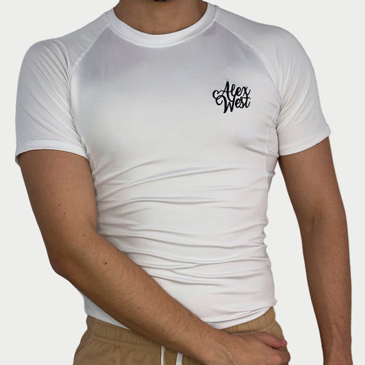  white compression t-shirt with alexwest fit logo gym shirt